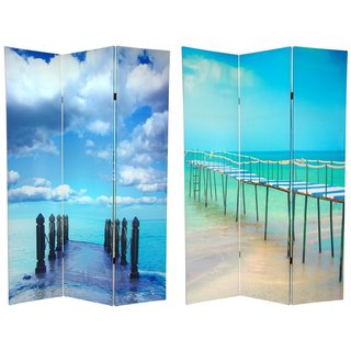 Wood and Canvas Double-sided Ocean Room Divider