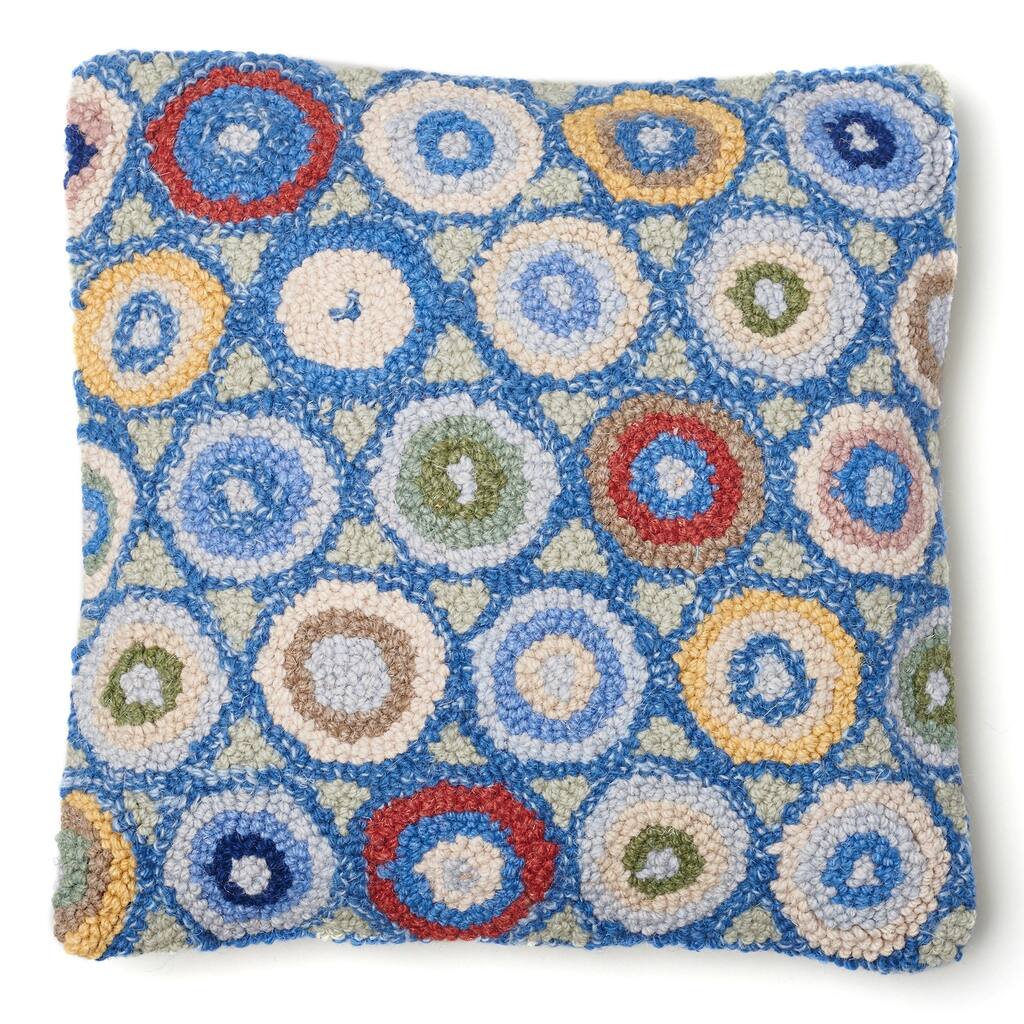 Blue Coin Hooked Wool Pillow