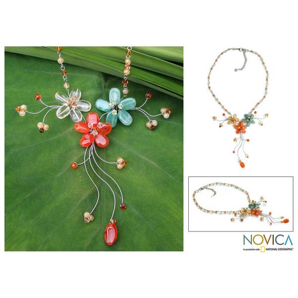 Steel Floral Cascade Carnelian Citrine Necklace (Thailand)