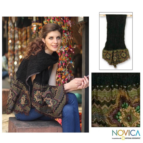 Wool 'Midnight Jade' Scarf (India) Novica Scarves & Wraps