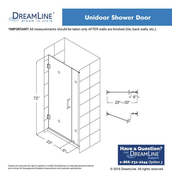 dimension image slide 1 of 4, DreamLine Unidoor 29-30 in. W x 72 in. H Frameless Hinged Shower Door - 29" - 30" W