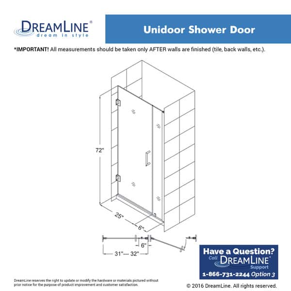 dimension image slide 3 of 4, DreamLine Unidoor 29-30 in. W x 72 in. H Frameless Hinged Shower Door - 29" - 30" W