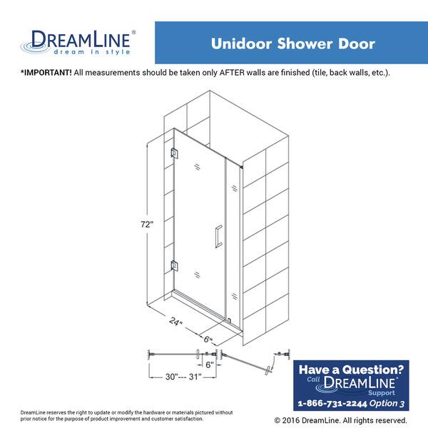 dimension image slide 2 of 4, DreamLine Unidoor 29-30 in. W x 72 in. H Frameless Hinged Shower Door - 29" - 30" W