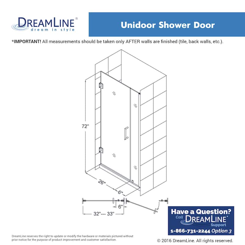 DreamLine Unidoor 29-30 in. W x 72 in. H Frameless Hinged Shower Door - 29" - 30" W