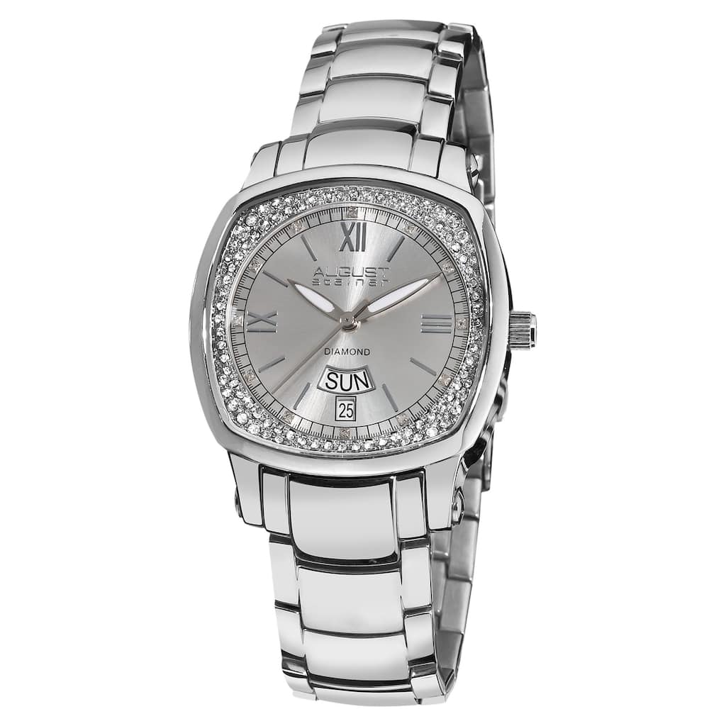 August Steiner Women's Day Date Diamond Steel Silver-Tone Bracelet Watch
