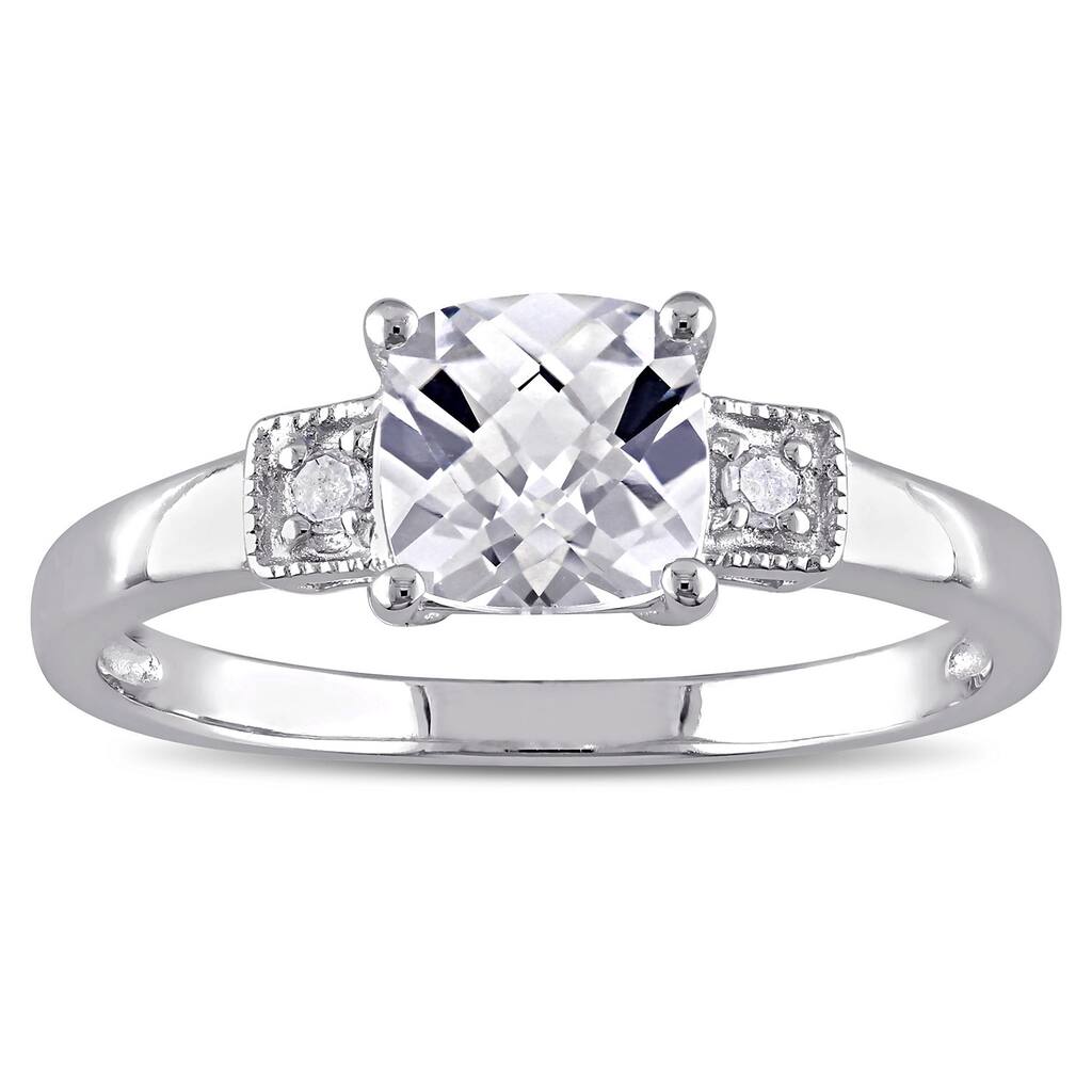 Miadora Sterling Silver Cushion-cut Created White Sapphire and Diamond Ring