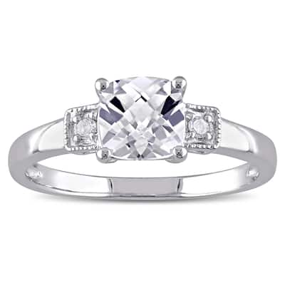 Miadora Sterling Silver Cushion-cut Created White Sapphire and Diamond Ring