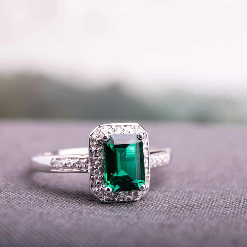 Miadora 10k White Gold Created Emerald and Diamond Accent Ring