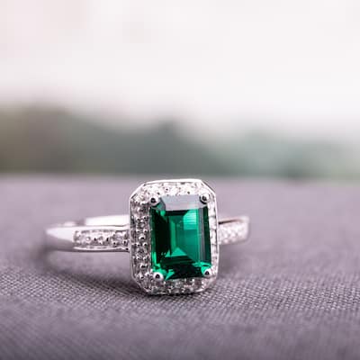 Miadora 10k White Gold Created Emerald and Diamond Accent Ring