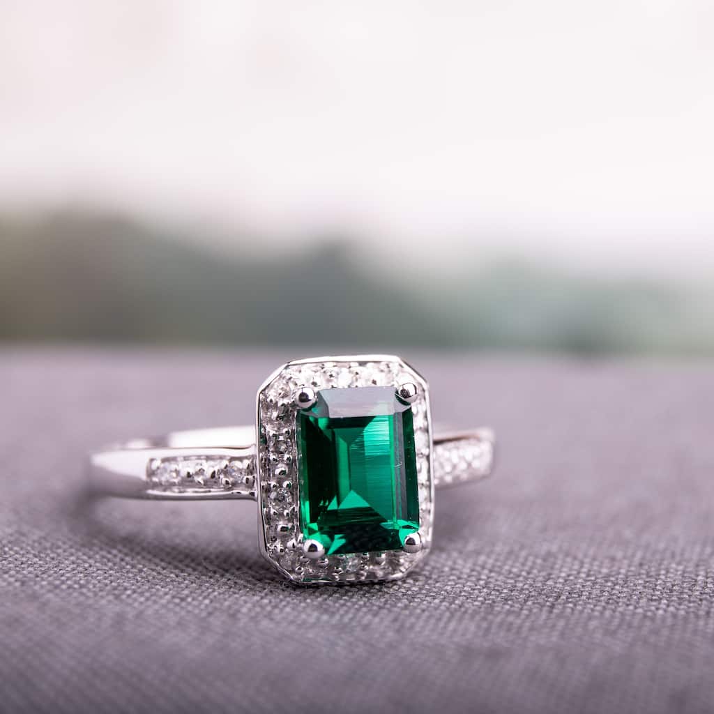 Miadora 10k White Gold Created Emerald and Diamond Accent Ring