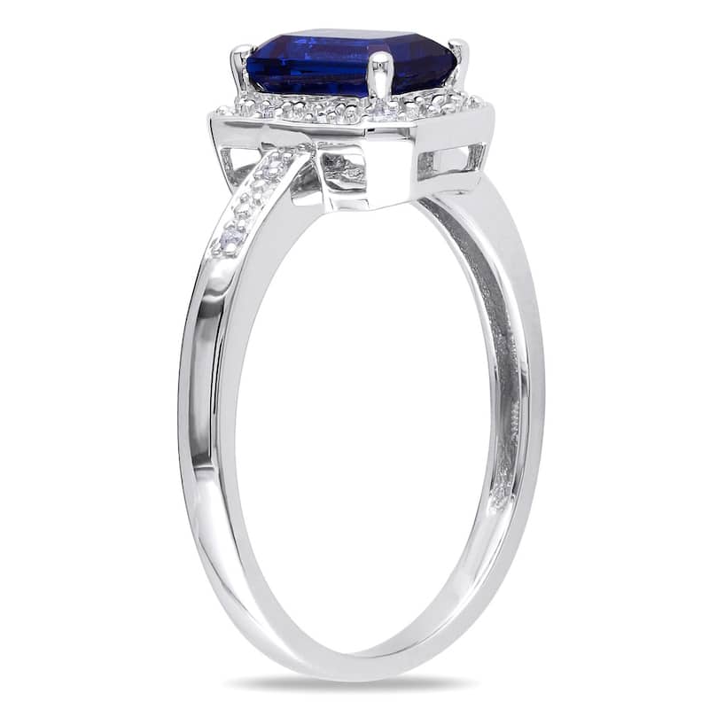 Miadora Sterling Silver Emerald-cut Created Sapphire and Diamond Ring