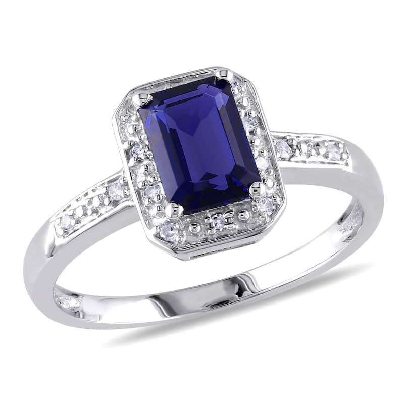 Miadora Sterling Silver Emerald-cut Created Sapphire and Diamond Ring - 5