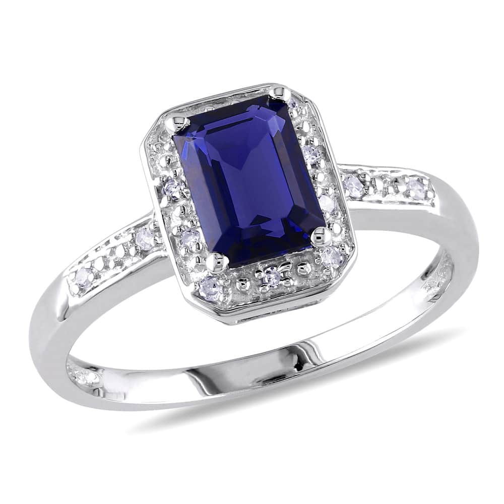 Miadora Sterling Silver Emerald-cut Created Sapphire and Diamond Ring