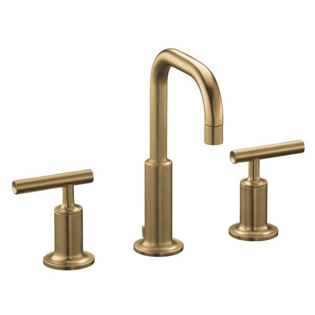 kohler k-14406-4-bv vibrant brushed bronze purist widespread lavatory  faucet with low gooseneck spout and low lever handles