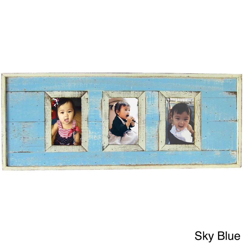 Handmade Recycled Boatwood 3-Window Picture Frame (Thailand) - Sky Blue