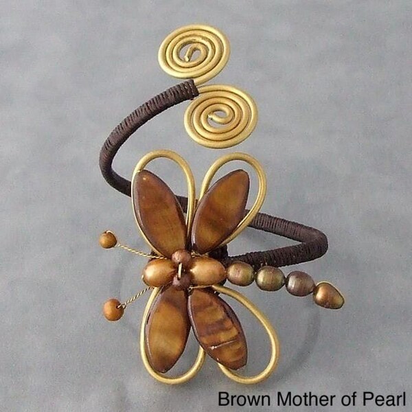 Cotton Brown/ Black/ White Shell and Pearl Dragonfly Brass Cuff (5 10