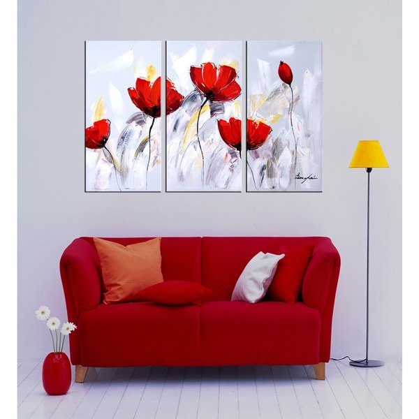 'Red Flower 281' 3-piece Gallery-wrapped Hand Painted Canvas Art Set ...