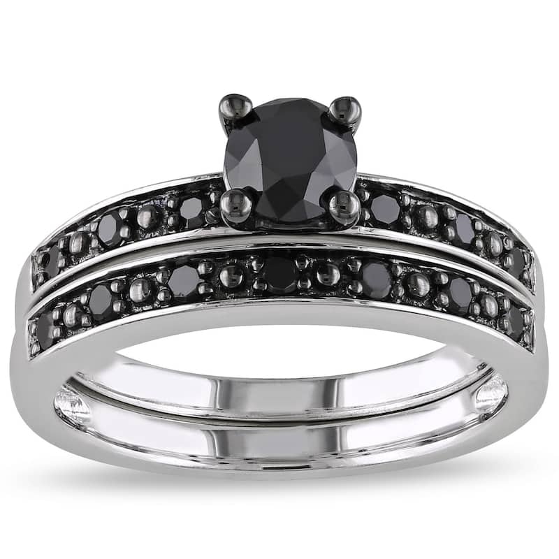 Miadora Silver and Black Rhodium-plated 1 CT Black Diamond TW Bridal Set Ring