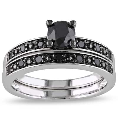 Miadora Silver and Black Rhodium-plated 1 CT Black Diamond TW Bridal Set Ring
