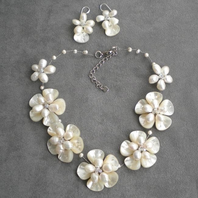 Mother of Pearl/ Pearl/ Crystal Floral Jewelry Set (5-15 mm) (Thailand ...