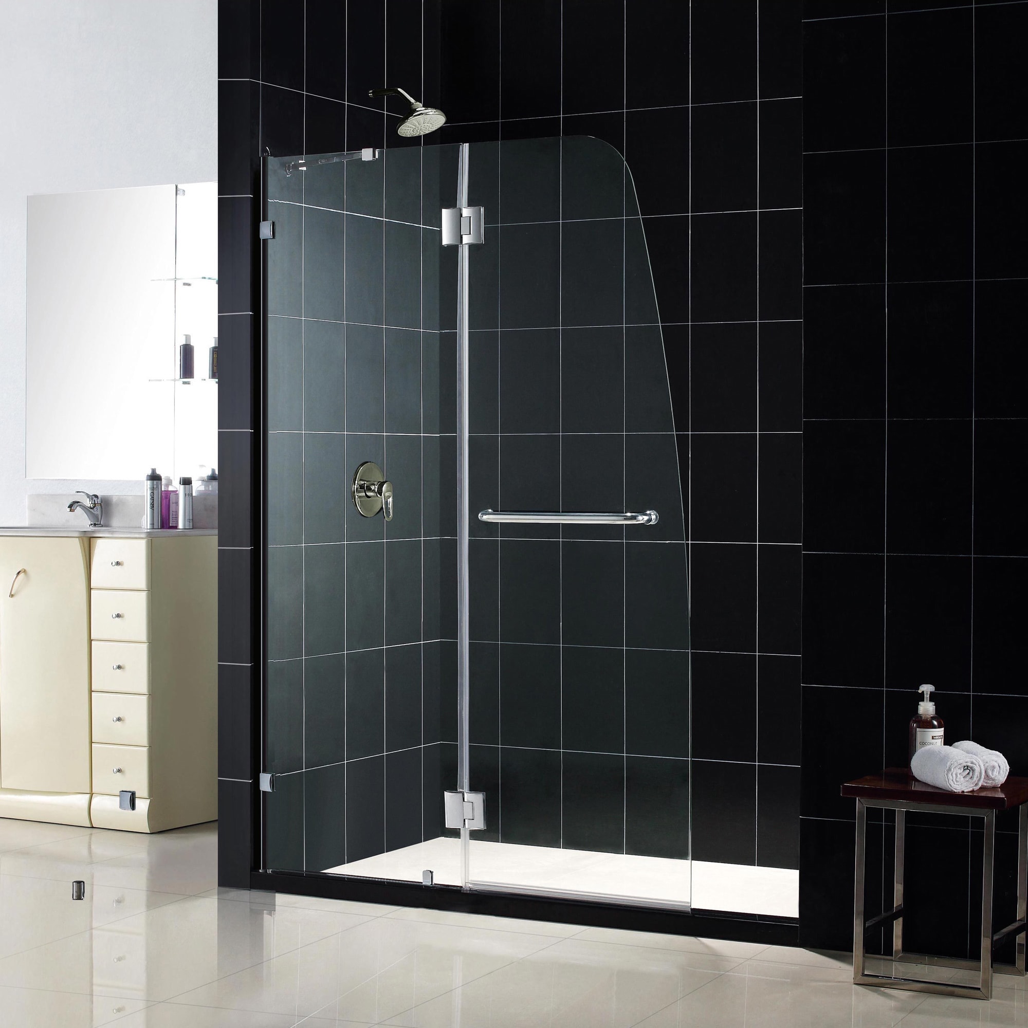 Dreamline Aqualux 46x72 inch Frameless Hinged Shower Door (Tempered Glass, AluminumIntended use IndoorTempered glass ANSI certifiedAssembly requiredNote If purchasing a separate shower base, be advised that a shower door is ordered to fit the finished w