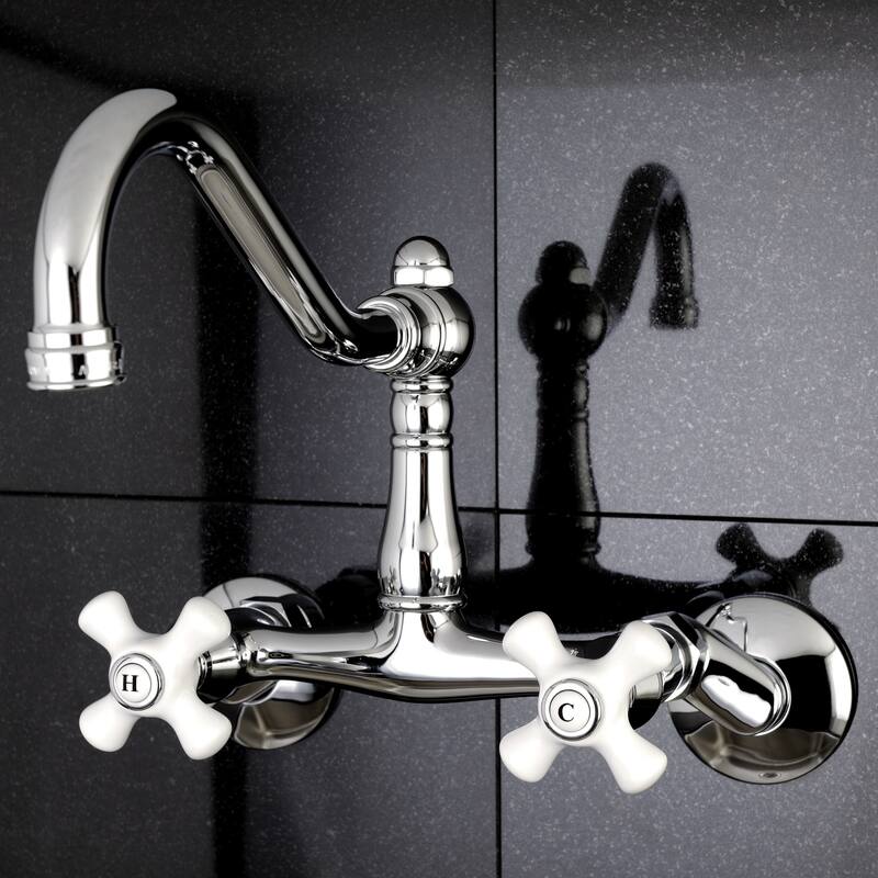 Kingston Brass Adjustable Chrome Wallmount Kitchen Faucet - pocelain cross handles