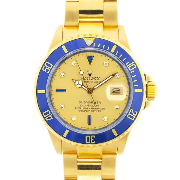 Pre owned Rolex Mens Submariner Date 18K Gold Blue Diamond Serti Dial