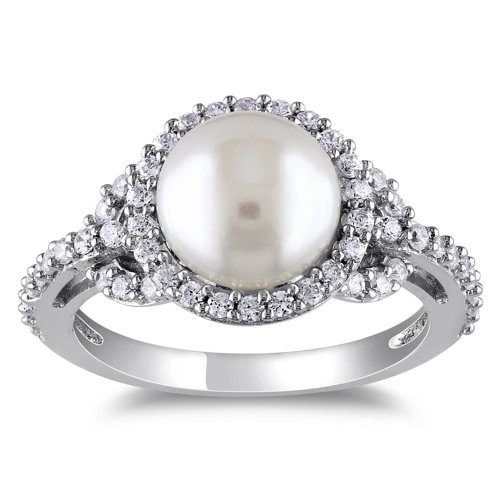 Miadora Sterling Silver Cubic Zirconia and Pearl Ring (8.5-9 mm)