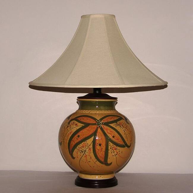Honey Mustard with Green Floral Accent Ceramic Table Lamp with Tan Conical Lamp Shade