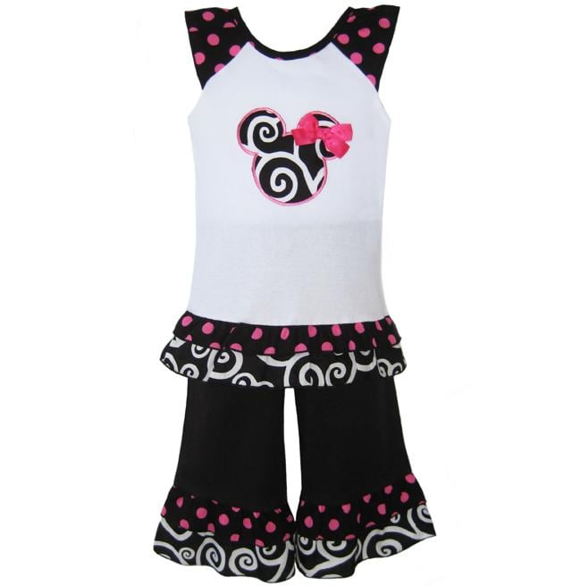 AnnLoren Boutique Girls Mouse Lattice and Polka Dots Top with Capris