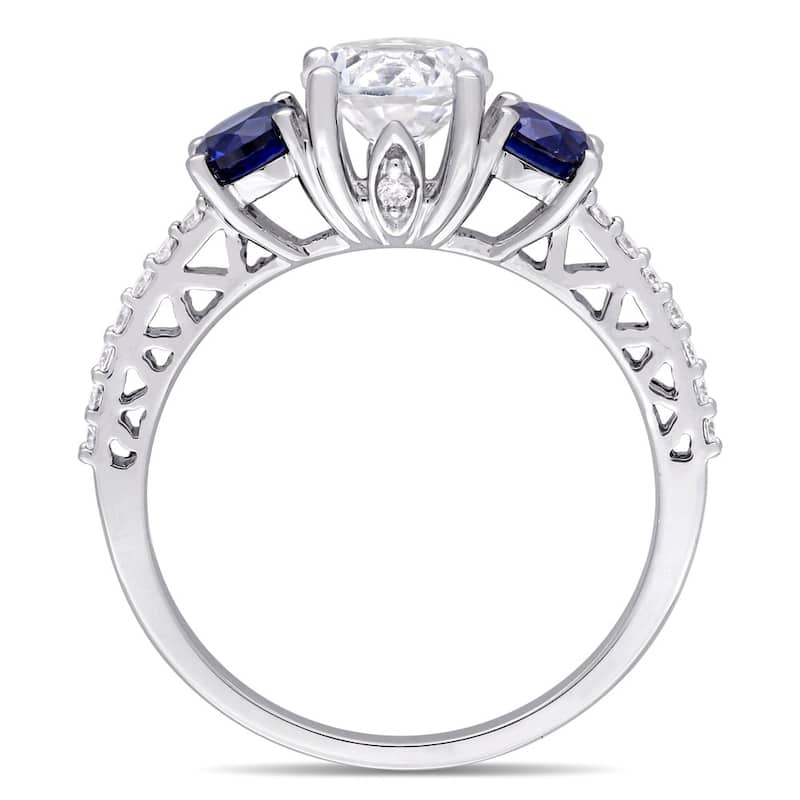 Created Blue and White Sapphire Diamond 3-Stone Ring in 10k white Gold by Miadora