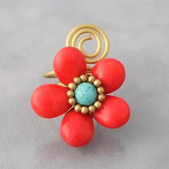 Handmade Brass Wire Red Coral and Turquoise Flower Wrap Ring (Thailand)