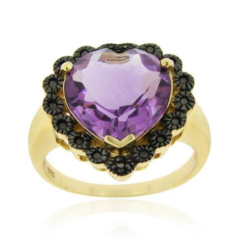 Glitzy Rocks 18k Gold over Sterling Silver Amethyst and Black Diamond Heart Ring