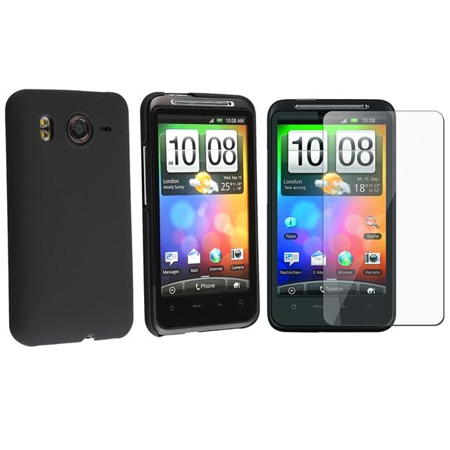 INSTEN Black Snap-on Rubber Coated Phone Case Cover/ Screen Protector for HTC Desire HD