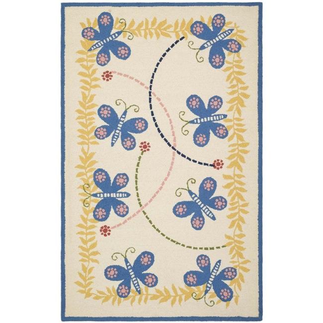 Handmade Childrens Butterflies Ivory N. Z. Wool Rug (6 X 9)