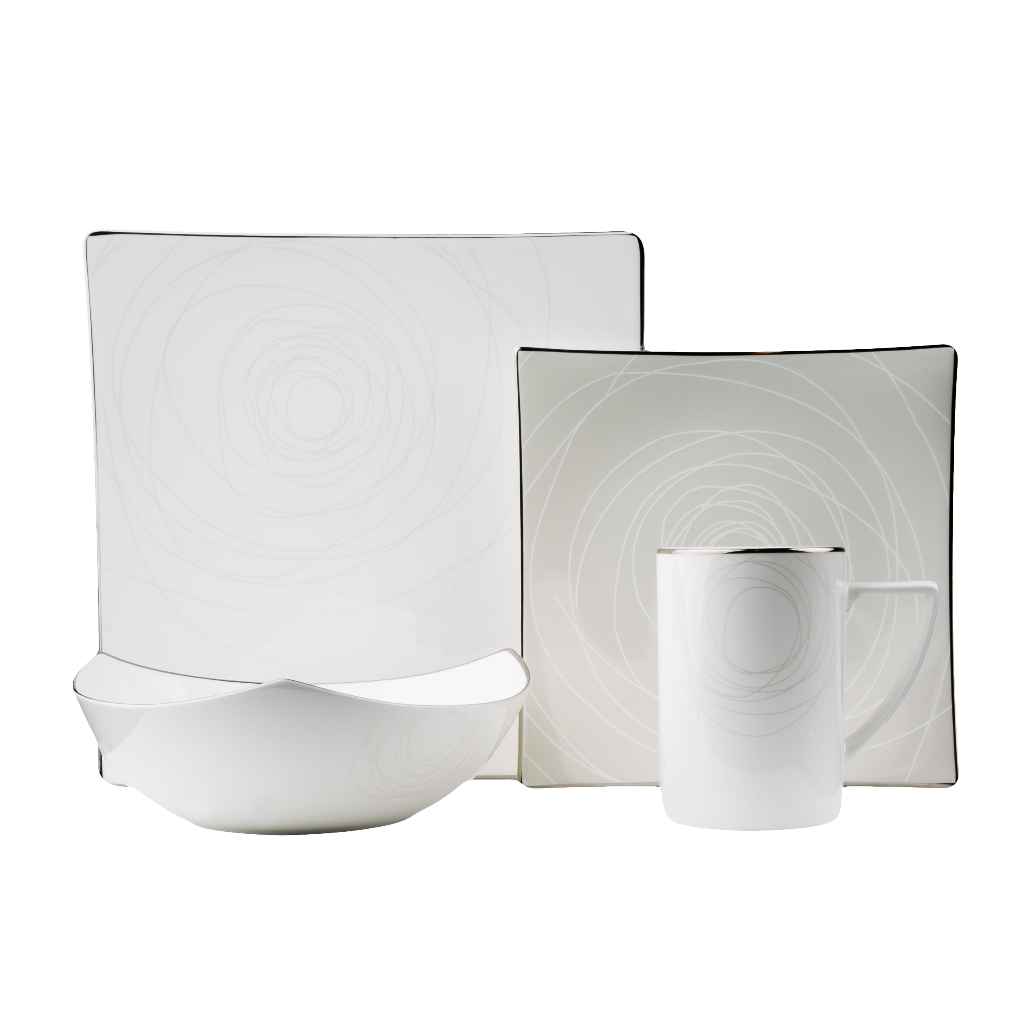 Red Vanilla Orbit 16 piece Bone China Dinnerware Set (Bone chinaCare instructions Dishwasher safe, hand washing recommendedSet includesFour (4) 10.5 inch square dinner platesFour (4) 8 inch salad platesFour (4) 8 inch soup bowls with a 22 ounce capacityF