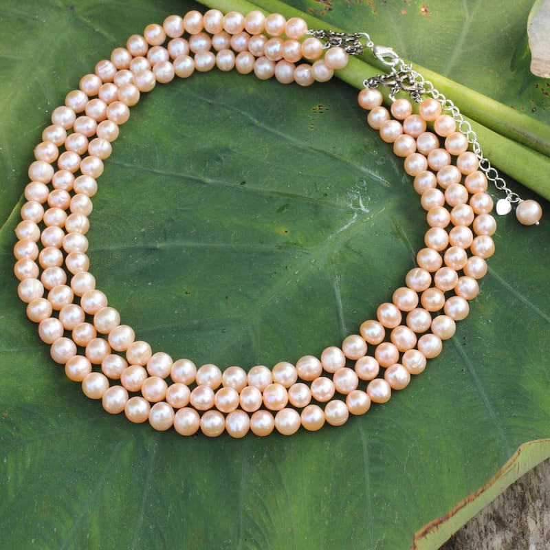 Triple Halo Round Pink Freshwater Pearls with 925 Sterling Silver Adjustable Three Strand Womens Collar Necklace (Thailand)