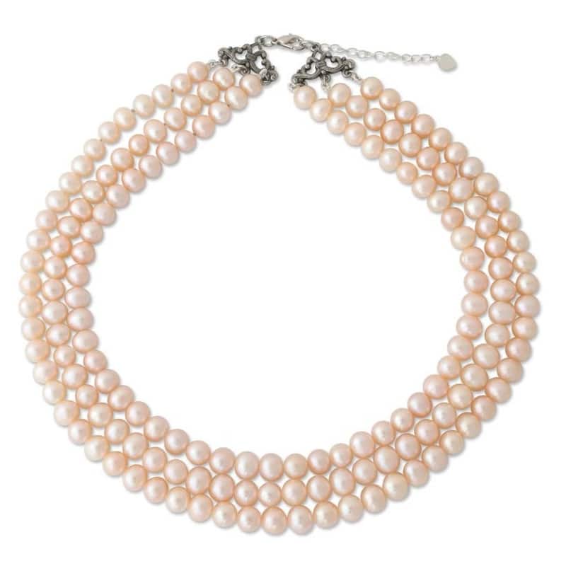 Triple Halo Round Pink Freshwater Pearls with 925 Sterling Silver Adjustable Three Strand Womens Collar Necklace (Thailand)
