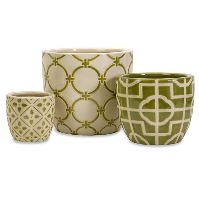 Da Nang 3 piece Decorative Containers (Cream, greenFinish High glossMaterials 100 percent ceramicLarge dimensions 10.25 inches wide x 9.25 inches high x 10.25 inches deepMedium dimensions 8 inches wide x 7 inches high x 8 inches deepSmall dimensions 