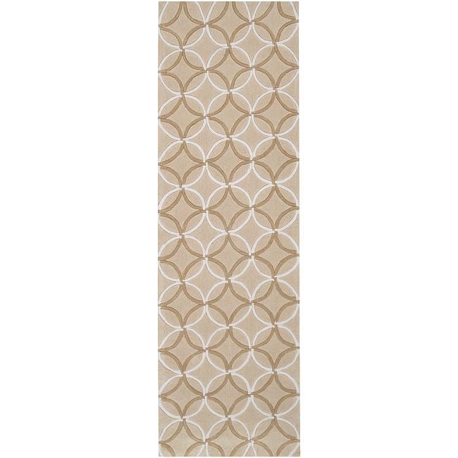 Hand tufted Contemporary Beige Retro Chic Green Geometric Abstract Rug (26 X 8)