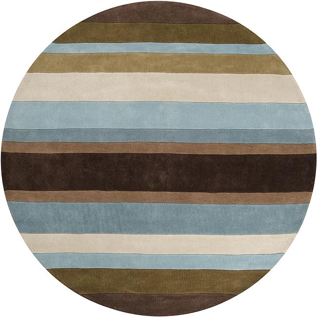 Hand tufted Casual Brown/blue Stripe Retro Chic Rug (8 Round)