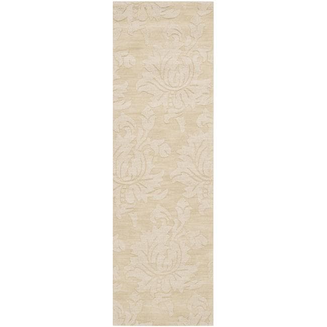 Hand crafted Solid Ivory Damask Embossed Wool Rug (26 X 8)