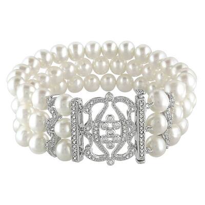 Miadora Sterling Silver Freshwater Pearl and Cubic Zirconia Bracelet (6.5-7 mm)