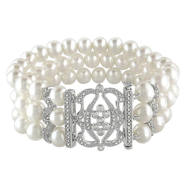 Miadora Sterling Silver Freshwater Pearl and Cubic Zirconia Bracelet (6.5-7 mm)