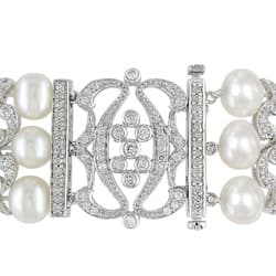 Miadora Sterling Silver Freshwater Pearl and Cubic Zirconia Bracelet (6.5-7 mm)