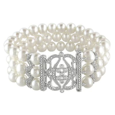 Miadora Sterling Silver Freshwater Pearl and Cubic Zirconia Bracelet (6.5-7 mm)