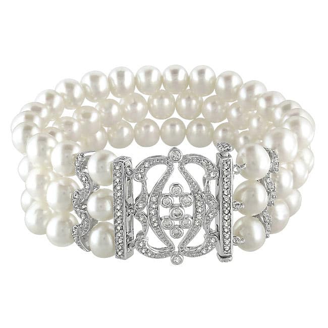 Miadora Sterling Silver Freshwater Pearl and Cubic Zirconia Bracelet (6.5-7 mm)