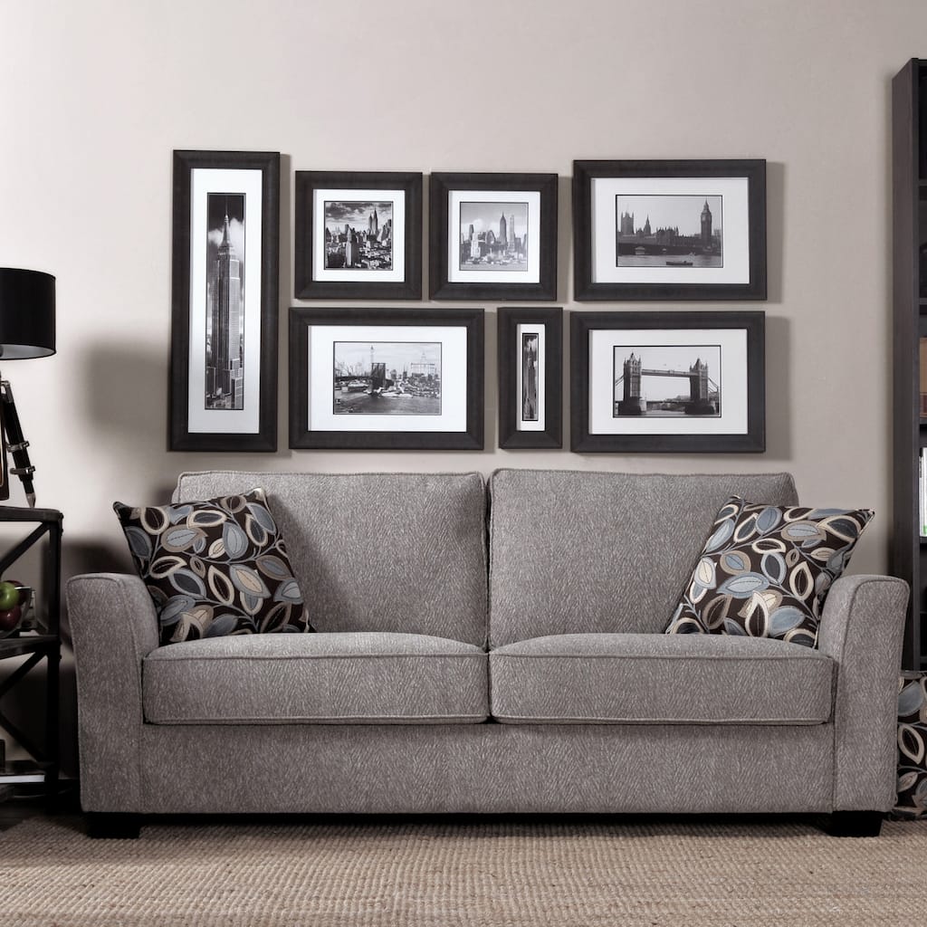 Portfolio Tara Sandy Gray Chenille Sofa with Brown Modern Leaf Accent Pillows