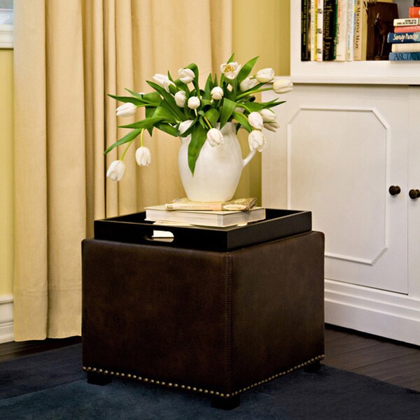 Handy Living Clarke Brown Renu Leather Tray Cube Ottoman Free