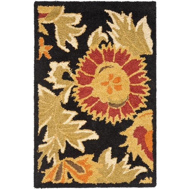 Handmade Blossom Flowers Black Wool Rug (2 X 3)